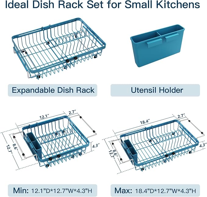 Blue Dish Drying Rack Over The Sink with Utensil Holder | Expandable Stainless Steel Dish Drainer for Small Kitchen, Apartment, RV, Counter Space Saving, Perfect Fit, Rustproof - Image 9