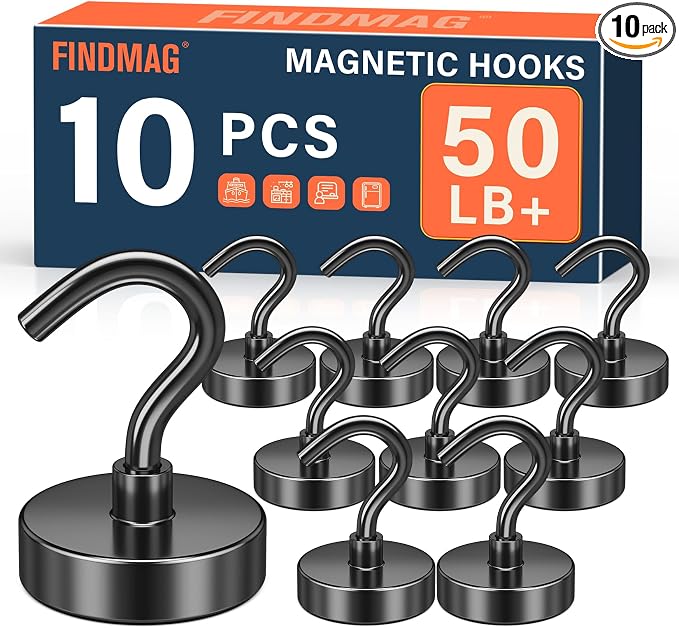 FINDMAG 50LB+ Magnetic Hooks for Cruise Cabins, 10 Pack Black Magnetic Hook | Strong Neodymium Magnet Hooks for Hanging, Fridge, Garage, Home, Beach Vacation, Cruise Cabin Organizer for Office by FINDMAG