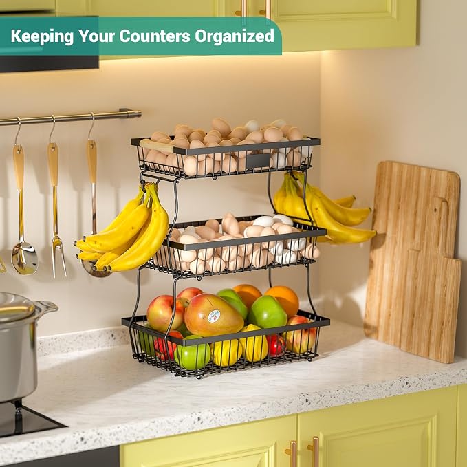 3 Tier Fruit Basket for Kitchen Counter with 2 Banana Hangers, Countertop Metal Fruit Bowl with Wooden Handle, Large Storage Stand for Vegetables, Snacks, Breads, Produce Storage – Black - Image 3