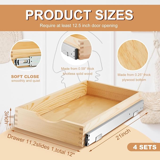 Sintuff 4 Pack Wooden Pull out Tray Cabinet Organizer Gentle Close Roll out Shelves for Kitchen Cabinets Fully Assembled Slide Pantry Shelves (12'' X 21'') - Image 3