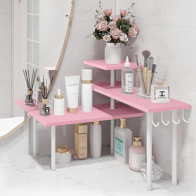 3-Tier Counter Organizer Shelf for Bathroom, Corner Shelf for Countertop, Over Sink, Make Up, Dresser Table, Desktop - Pink - Image 4