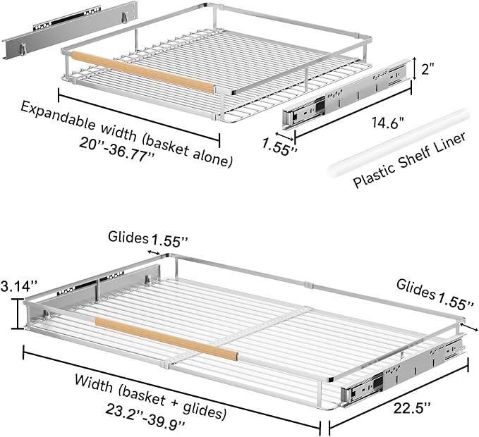 2Pack Expandable Pull Out Cabinet Organizer, 23.2"-39.9" W x 22.5''D | Stainless Steel Slide Out Drawers, Heavy Duty Drawer Slides, For Kitchen Cabinets Pantry Cupboard, Adjustable Width - Image 2
