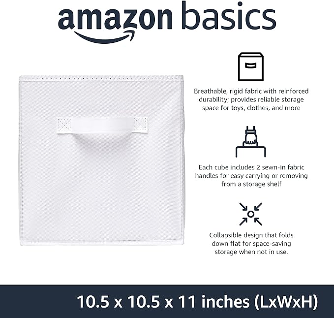 Amazon Basics Collapsible Fabric Storage Cubes Organizer with Handles,Sturdy,White,10.5-x-10.5-x-11-inch,6 Count (Pack of 5) - Image 2