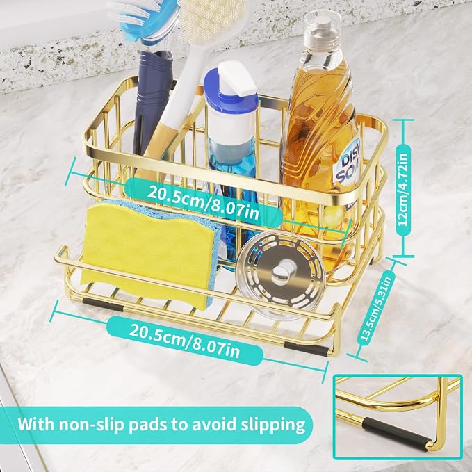 HapiRm Multifunctional Kitchen Sink Organizer with Removable Drain Tray, Quick Draining Rustproof Sink Caddy, Stainless Steel Kitchen Sponge Holder for Holds Sponge, Cleaning Towel and Scrubber - Gold - Image 5