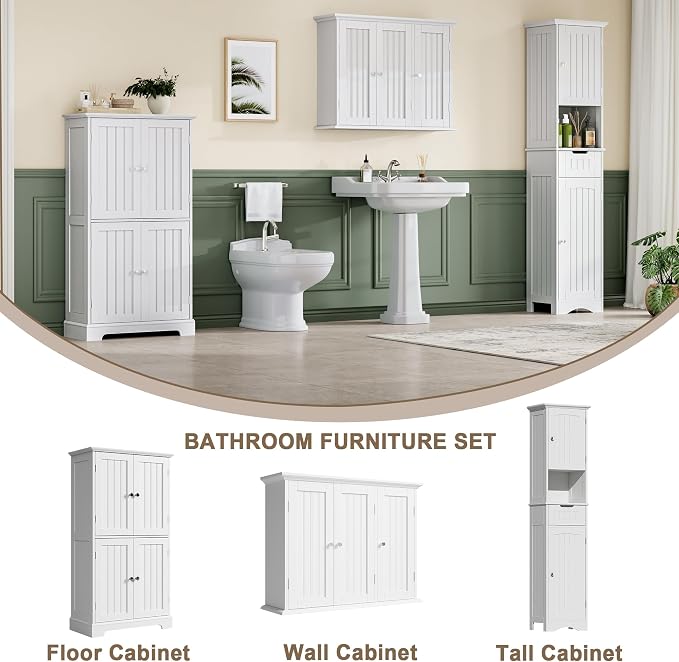 ChooChoo Laundry Cabinet with 3 Doors and Adjustable Shelves | 9.06"D x 31.1"W x 24"H, Bathroom Wall Cabinet, Cupboard, White - Image 5