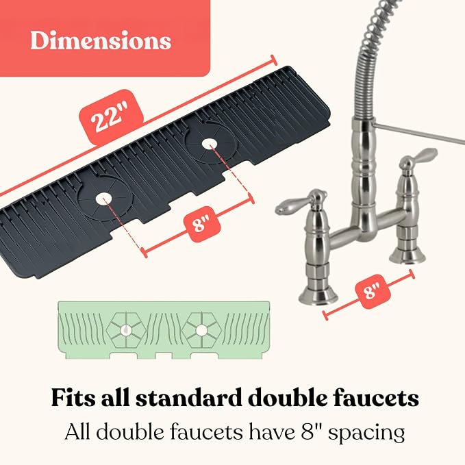 2 Hole Kitchen Sink Splash Guard (22 INCH) Wide-Modern Faucet Mat for Kitchen Sink-Flexible, Durable, Silicone Faucet Splash Guard Grey-Double Handle Faucets with 8” Spacing-Easy to Clean - Image 2