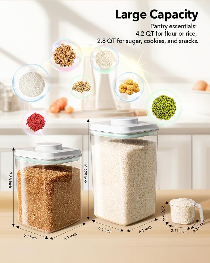 Food Storage Container Sets, 2.8 Qt + 4.2 Qt *2 Airtight Canisters with Lids and 130ml Scoop, BPA-Free Plastic Pantry Containers for Flour, Sugar, Rice - Image 6