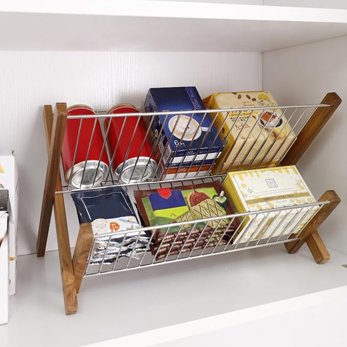 HTB Dish Drying Rack 2 Tier,Stainless Steel & Teak Wood Dish Drying Rack | Foldable Dish Drainer for Plates, Cups, Bottles, Kitchen Counter, Apartment, Collapsible Kitchen Drying Rack, Space Saving - Image 9