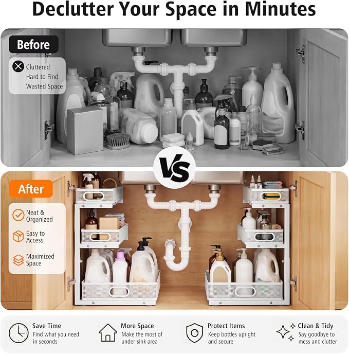 Under Sink Organizer, 3 Tier Pull Out Cabinet Organizer with 5 Adjustable Heights, Metal Under Sink Storage with Sliding Drawers for Kitchen, Bathroom, Pantry and Laundry Room, 2-Pack White - Image 7