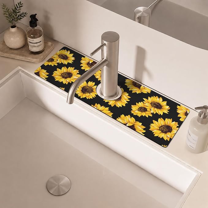 Vintage Black Sunflowers Kitchen Sink Splash Guard Faucet Mat,Faucet Non-Slip Absorbent Mat,Farmhouse Sink Splash Guard Behind Faucet for Kitchen Bathroom, 15"x5.5" - Image 6