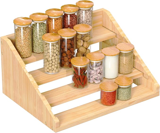 Solid Wood Spice Rack Organizer for Countertop & Cabinet, 4 Tier Adjustable Wooden Spice Shelf with Sliding Track, Premium Step Seasoning Bottle Holder for Kitchen, Pantry, Office, Natural Wood Color by YUELGUANG