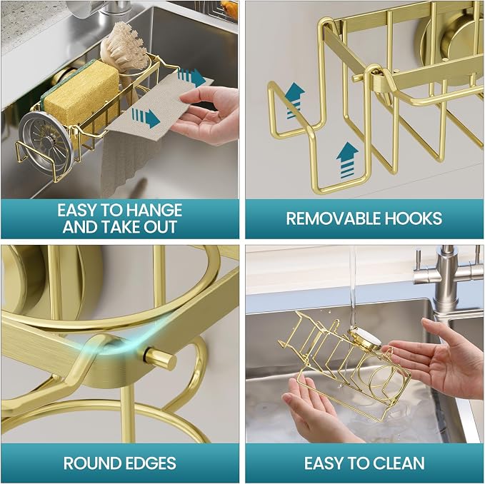 TAILI 4-in-1 Sink Sponge Holder for Kitchen with Strong Suction Cup-Gold | Removable Sink Caddy with Suction Cup, Rustproof 304 Stainless Steel Multi-compartment Sink Organizer for Sponge, Brushes - Image 5