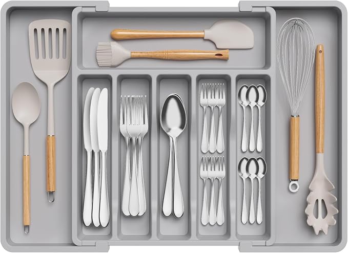 Lifewit Extra Large Silverware Drawer Organizer, Expandable Utensil Tray | BPA Free Flatware Cutlery Holder for Kitchen, Adjustable Plastic Storage for Spoons Forks Knives, 13-22 x15, Gray by Lifewit