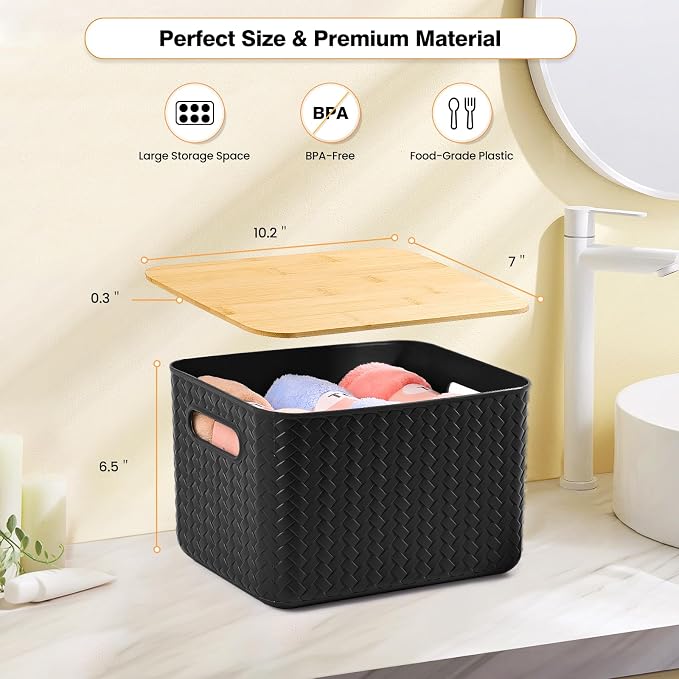Ohmlove 4 Pack Storage Bins with Bamboo Lids,Stackable Box for Organization | Plastic Storage Containers with Handle, Storages Baskets for Organizing Desktop Closet Playroom Classroom Office, Black - Image 2