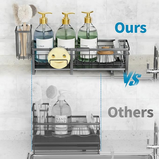 Extra Large Extendable Sponge Holder for Kitchen Sink Caddy Organizer | Rustproof Sink Caddy Organizer with High Brush Holder, Dish Soap Dispenser Organizers and Storage (Black) - Image 3