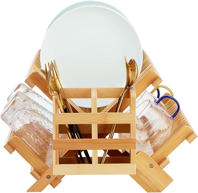 Bamboo Dish Drying Rack, 3-Tier Collapsible Wooden Dish Rack with Utensil Holder, Bamboo Dish Drainer Rack for Kitchen Counter 25pcs | Wooden Dish Drying Rack with Utensil Holder for Kitchen Counter, Large Folding Drying Holder, Dish Drainer by Worthyeah