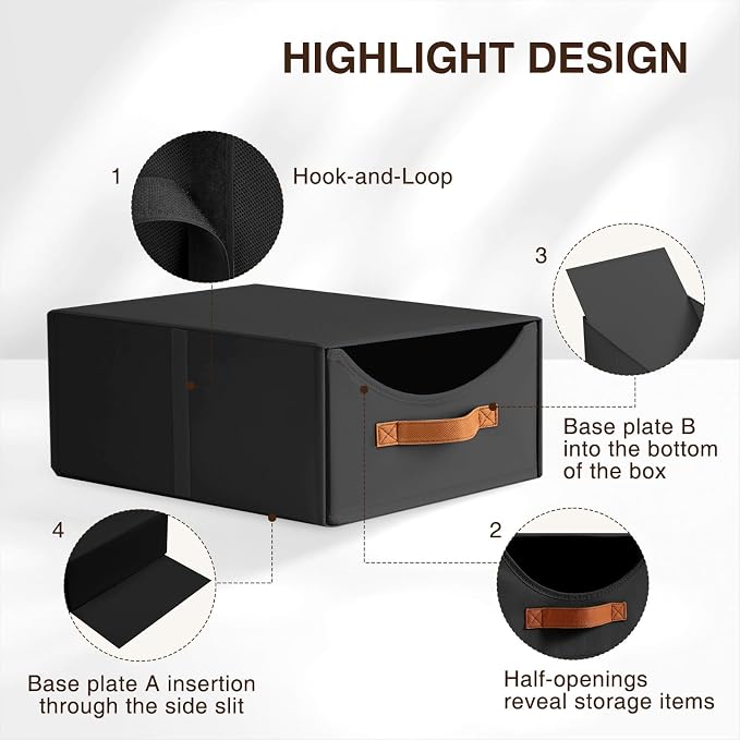 Closet Organizers and Storage - Large Stackable Storage Bins with Drawer, Fabric Bins for Organization, Collapsible Storage Drawers Organizer for Bedroom, Living Room, 4 Pack, Black - Image 6