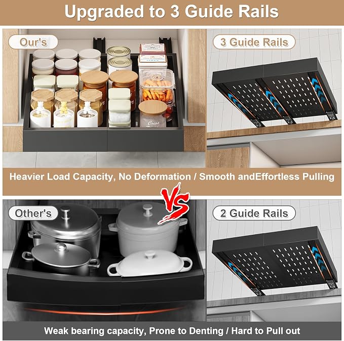 Fokyfok Pull out Cabinet Organizer,11"-16"W,17"-24"D,Expandable,Adhesive | No Drill,3 Rails,Roll out Drawers,Adjustable Slide out Shelves for Kitchen,Pantry,Framed and Framless Cabinets,Black,1PC - Image 5