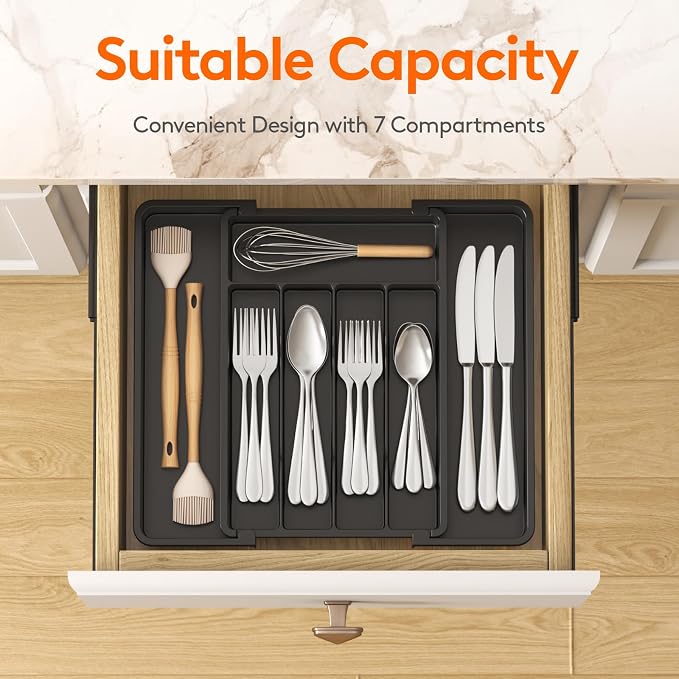 Lifewit Expandable Silverware Organizer, Plastic Utensil Tray for Kitchen Drawer, BPA Free Flatware Cutlery Holder, Space-Saving Storage for Spoons Forks Knives, 8-13.8 x 11.2 x 1.4 inch, Black - Image 2