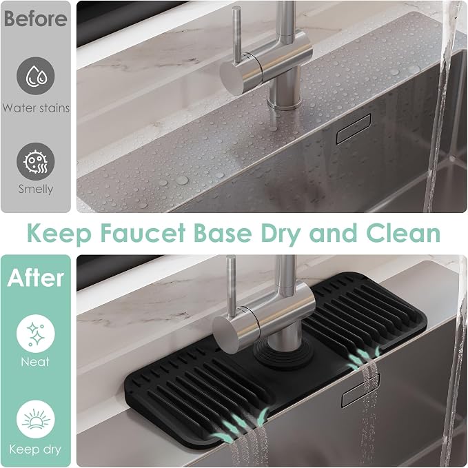 14.6-Inch Silicone Faucet Mat for Kitchen Sink Splash Guard, 7° Slope | 14.6"x5.5" water draining mat with fasten button; 1.6-2.75" customizable hole for bathroom, RV & kitchen sink drip catcher. - Image 6