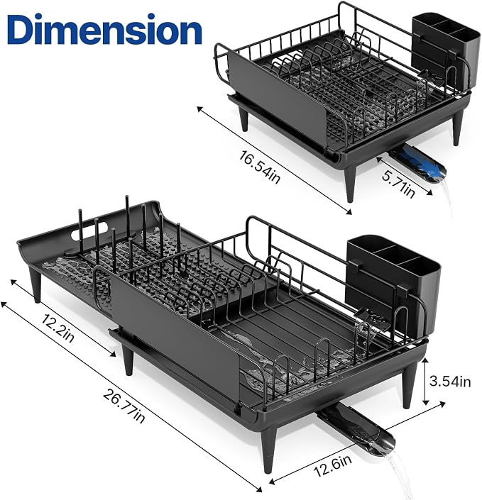 Urackify Expandable Dish Drying Rack with Drainboard for Kitchen Counter | Expands from 16.9 to 26.6 inches to fit more dishes, plates with fast drainage and flexible placement for any sink - Image 3