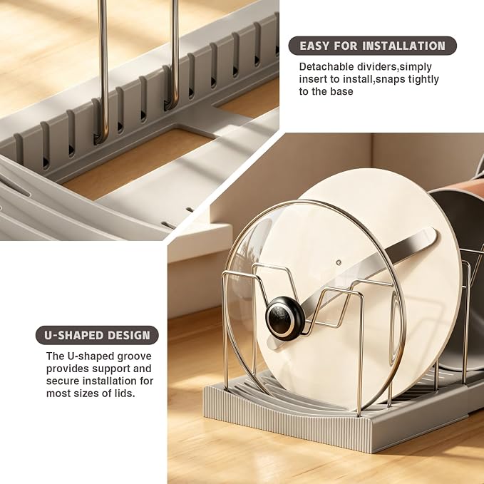 Magheo Pots and Pans Organizer Under Cabinet, Expandable 12.6"-22.8" Kitchen Cabinet Organizer Holder with 10 Adjustable Dividers for Food Storage Container Lid, Cookie Sheet, Cookware(1 Pack, Gray) - Image 5