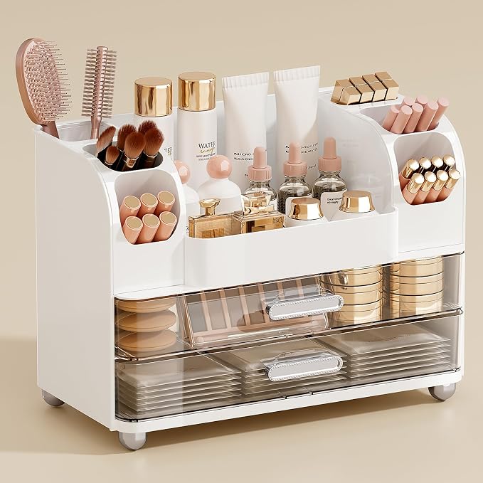 UFORU Makeup Organizer Countertop with 2 Large Drawers for Vanity Bathroom | Brush Holder, Large Capacity, Thickened Plastic, Compact Footprint, Space-Saving Design, Easy Clean, Ideal for Dorm Rooms by UFORU