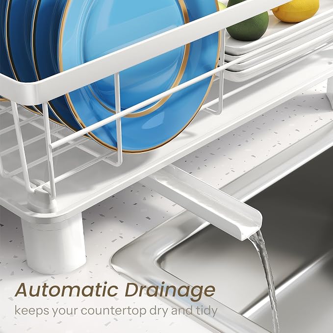 SNTD Dish Drying Rack for Small Kitchen Counter, 11" W x 15" L, White | Space Saving, Rotating Spout & Angled Drainboard for Quick Drainage, Stainless Steel, Removable Utensil Holder - Image 4