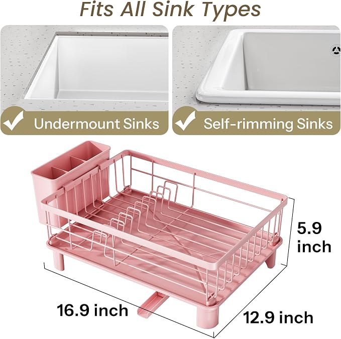 SNTD Dish Drying Rack for Small Kitchen Counter, 12.9" W x 16.9" L, Pink | Space Saving, Rotating Spout & Angled Drainboard for Quick Drainage, Stainless Steel, Removable Utensil Holder - Image 2