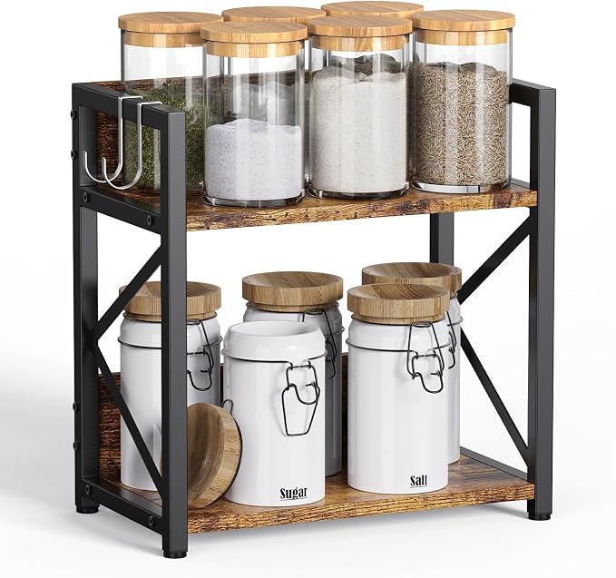 Spice-Rack-Organizer-Shelf for Kitchen Counter, 2 Tiers Coffee Bar Station Organizer for Countertop，Space Saving Desk Shelving Riser Unit (Rustic Brown, Small) by RUILALIFE