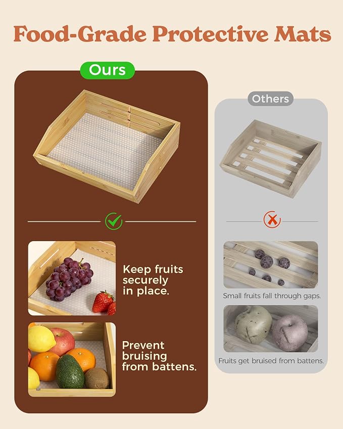 2-Tier Bamboo Fruit Basket with 2 Banana Holders | Large tiered organizer for bread, snacks, veggies. Sturdy bamboo, includes mats & dividers. Easy to assemble. - Image 2