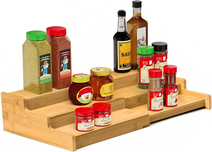 Spice Rack 3-Tier Natural Bamboo, Adjustable Cabinet Organizer Shelf | Expands 8.7-15.6"cabinets. Stepped design, labels visible.Storage organizer saves space, easy wipe. For spices, jars,cans. by VenDotbi