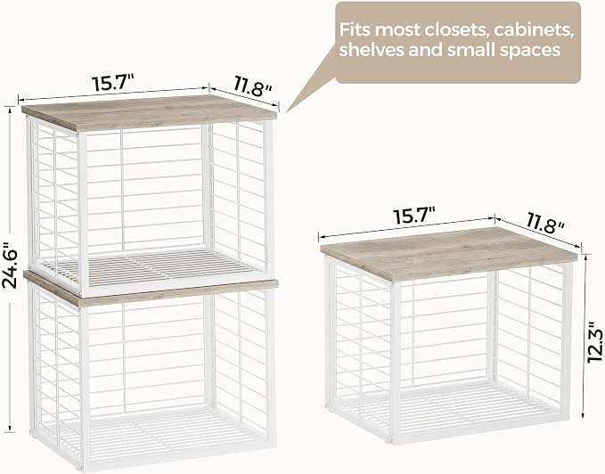 3PCS Stackable Closet Organizers and Storage Basket | with Wood Top Extra Storage, Multifunctional Storage Organizer Bin, Open Wire Basket, Greige and White - Image 3