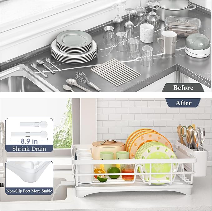 SAYZH Dish Drying Rack for Kitchen Counter with Utensil Holder, White | Stainless Steel, Large Capacity, Angled Drainboard, Rotating Spout, Removable to Clean - Image 6