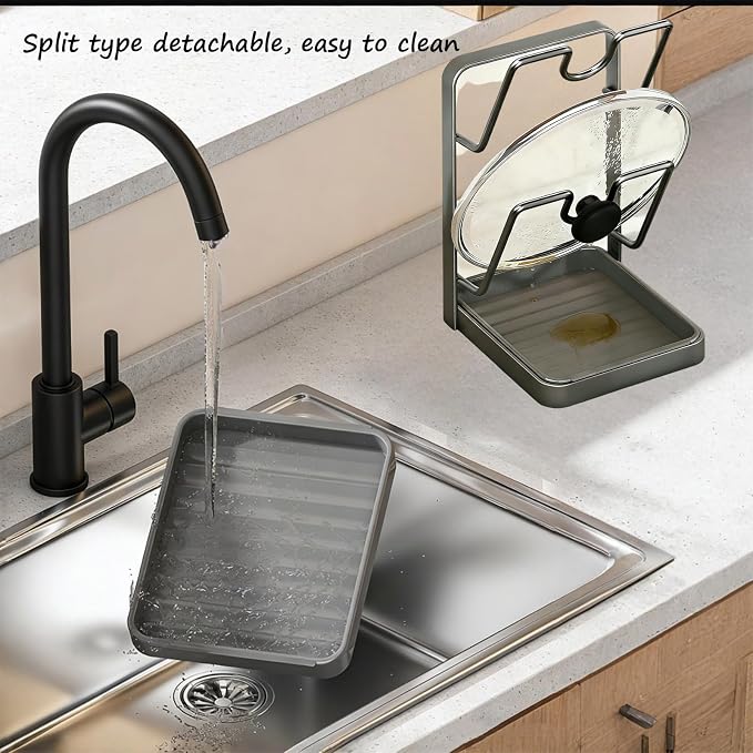 Kitchen Pot Lid Storage Rack, Pot Lid Holder While Cooking for Countertop | Stainless Steel Pot Lid Rack, Kitchen Countertop Organizer Removable Drip Tray, Lid Cutting Board Ladle Storage for Stove Top - Image 7