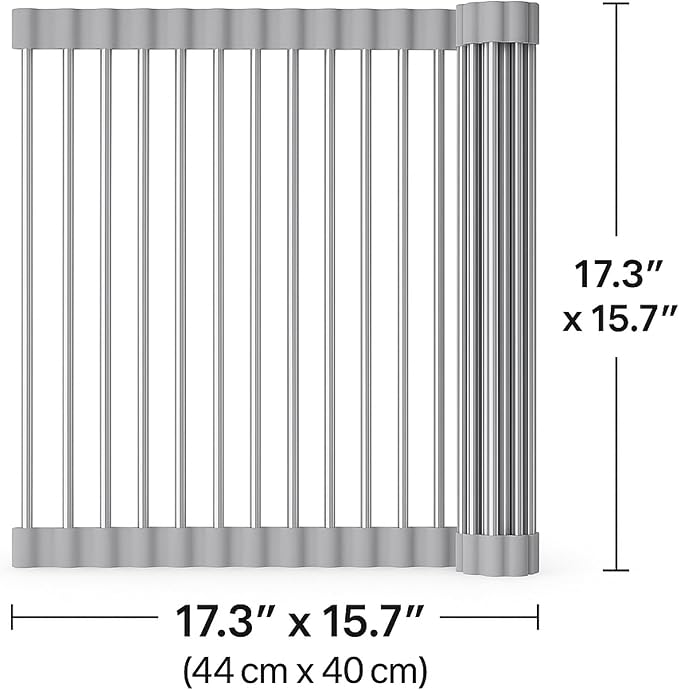 Over Sink Dish Dryng Rack - Roll Up Stainless Stell & Silicone Drying mat, Heat Resistant, Non-Slip & Foldable, Space Saving Kitchen Organizer (17.3"x 15.7") - Image 2