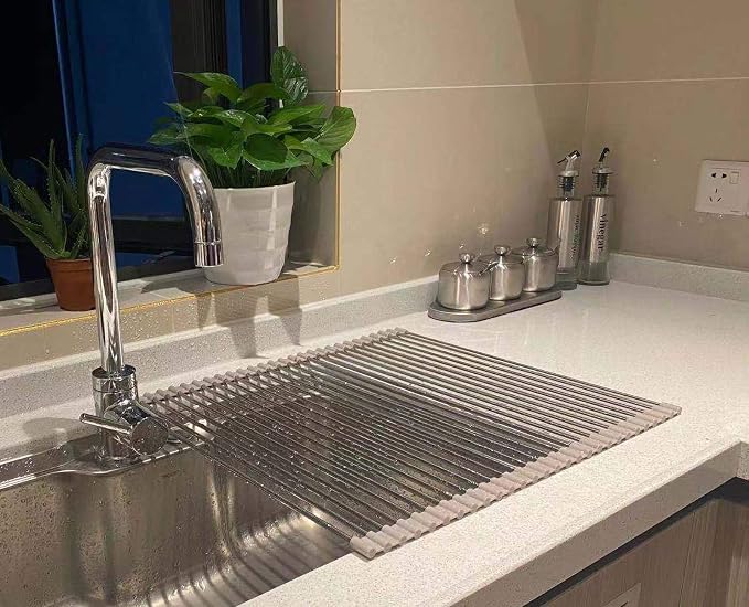Ahyuan Roll up Dish Drying Rack Over The Sink Kitchen Roll up Sink Drying Rack Portable Dish Drainer Foldable Dish Drying Rack (Warm Gray, 20.5''X19.7'') - Image 4