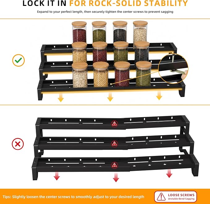 2 Pack Spice Rack Organizer for Cabinet, 13-21.5" Expandable Spicy Shelf | 9.45" Depth 3-Tier Black Metal Seasoning Organizer, Kitchen Spice Organization, Slip-Resistant Guardrails for Jars and Cans - Image 6