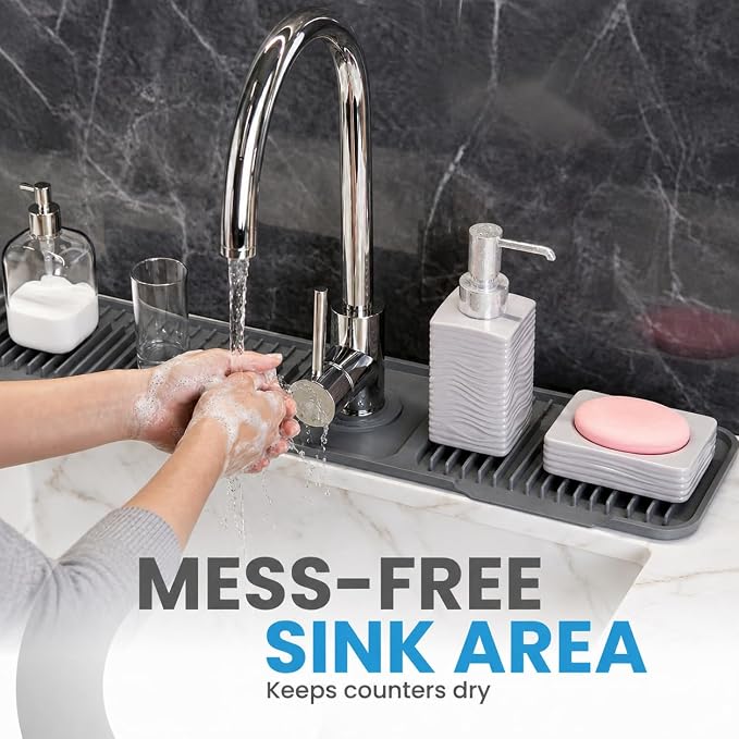Faucet Mat for Kitchen Sink – 24 Inch Silicone Sink Splash Guard with 2 FREE Drain Cleaning Rods, Food-Grade Kitchen Faucet Mat, Self-Draining Countertop Protector for Kitchen & Bathroom - Image 4