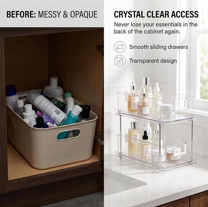 American Dream 2-Tier Sliding Drawer Organizer, Chrome & Clear | Pull-Out Cabinet Organizer, Under Sink Storage Rack, For Kitchen, Bathroom & Pantry, KD Design - Image 4