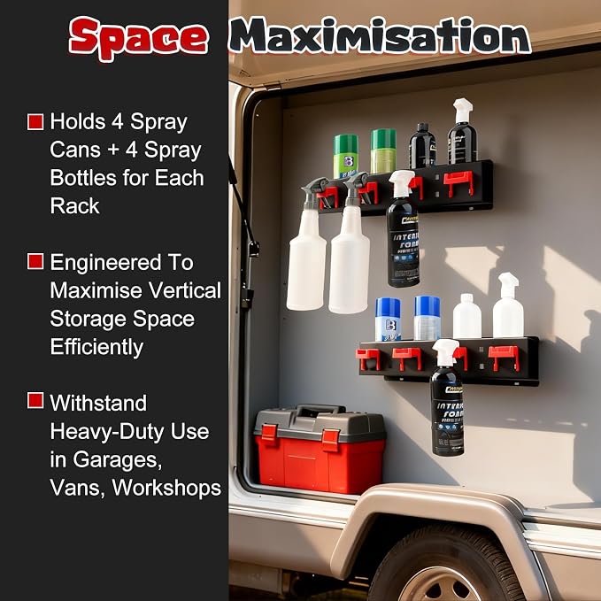 Spray Bottle Holder, 2 Pack Wall Mount Car Detailing Can Holder Spray Rack | Heavy-Duty Carbon Steel Auto Detail Spray Bottle Organizer, Spray Can Holder with Hooks for Garage Workshop Van Shed Storage - Image 6