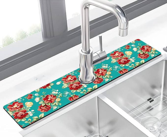 Kitchen Sink Splash Guard Faucet Mat Super Absorbent Fast Drying Mat Sink Gadgets Splash Guard Behind Faucet Drip Catcher for Kitchen (Boho Flowers, 23.5x5.5in) by THIDEAPE