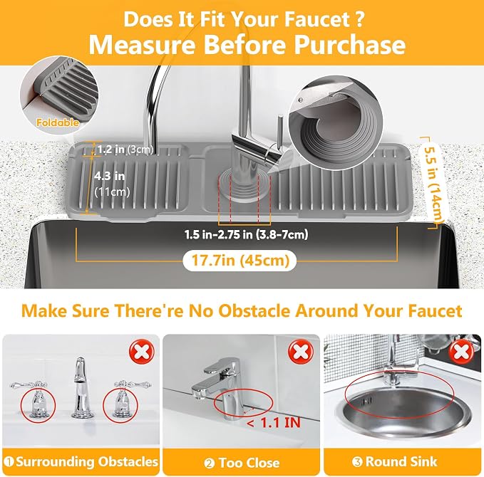 17.7'' Faucet Mat for Kitchen Sink Splash Guard[7° Slope Fast Self-draining][Snap Lock Fit] Folding Kitchen Sink Faucet Mat Splash Guard Kitchen Sink Area Water Splash Guard Behind Faucet Draining Mat - Image 2