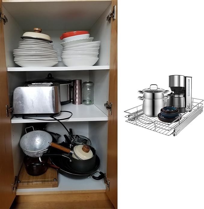 Sikarou Pull Out Cabinet Organizer 11" W x 21" D, Heavy Duty Kitchen Cabinet Pull Out Shelves, Slide Out Wire Basket for Kitchen Cabinets, Bathroom, Pantry, Chrome Finish - Image 6