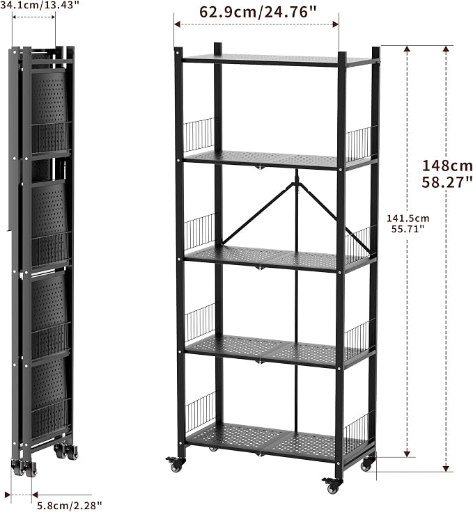 Heavy Duty Folding Shelves No Assembly, 5 Tier Metal Foldable Storage Shelves with Wheels, 220LBS Per Shelf Collapsible Rack for Garage Storage, Black - Image 2