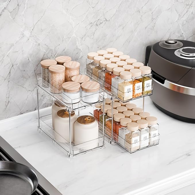 2 Pack 2 Tier Vertical Spice Rack Pull Out,10.4'' Deep Narrow Slide Out Spice Rack Organizer for Inside Cabinets,Kitchen,Pantry,Cupboard Seasoning,Can,Jar Organizer and Medicine Cabinet Storage - Image 9