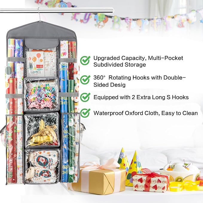 Christmas Wrapping Paper Organizer Storage, Hanging Gift Bag Storage Organizer, Double-Sided Wrapping Paper Holder Storage - Grey - Image 4