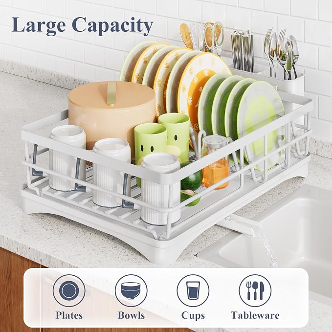 SAYZH Dish Drying Rack for Kitchen Counter with Utensil Holder, White | Stainless Steel, Large Capacity, Angled Drainboard, Rotating Spout, Removable to Clean - Image 3