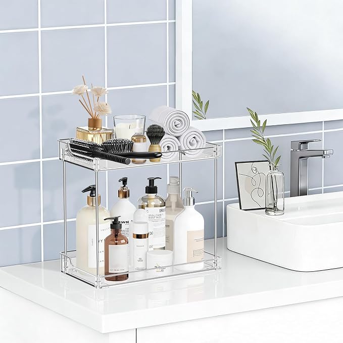 2 Tier Bathroom Counter Organizer, Clear, Rectangular | Tiered Skincare Organizer Bathroom Shelf for Vanity Countertop, Kitchen, Sink Storage, Holds Makeup, Perfume, Beauty Supplies - Image 2