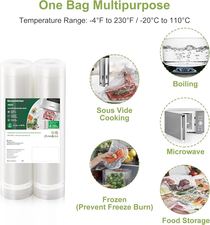 Bonsenkitchen Vacuum Sealer Bags, 11" x 20' Rolls 2 Pack for Food Storage | Commercial Grade Textured Food Roll, Bpa Free, Heavy Duty, Customized Size Bag for Sous Vide Cooking, VB3207 - Image 2